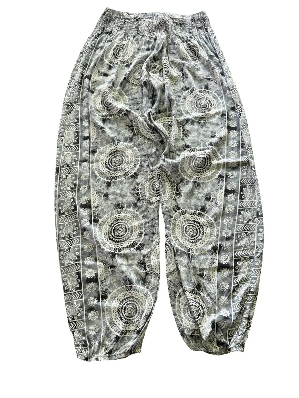 Lotus & Luna Boho Mandala Harem Pants Smocked Waist Gray White S/M - Picture 2 of 7
